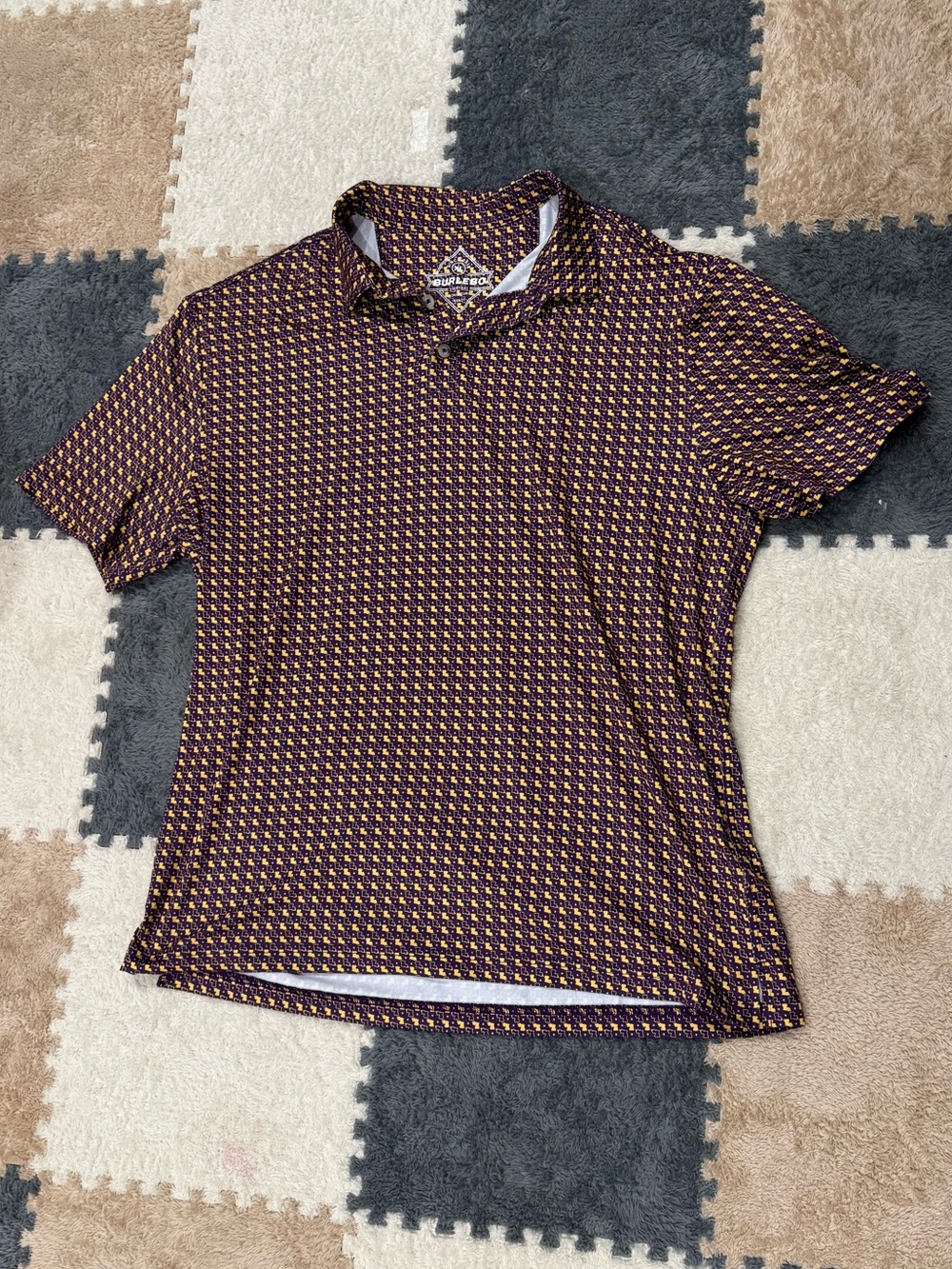 Men's Short Sleeve Burlebo Polo in purple and gold with Louisiana State design